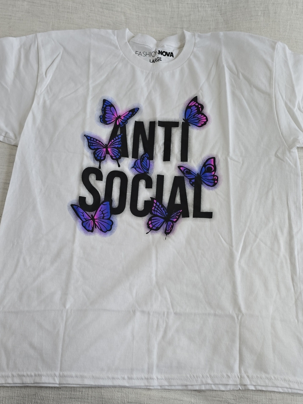 Fashion White Tee with Black 'ANTI SOCIAL' & Purple Butterflies Size:Large